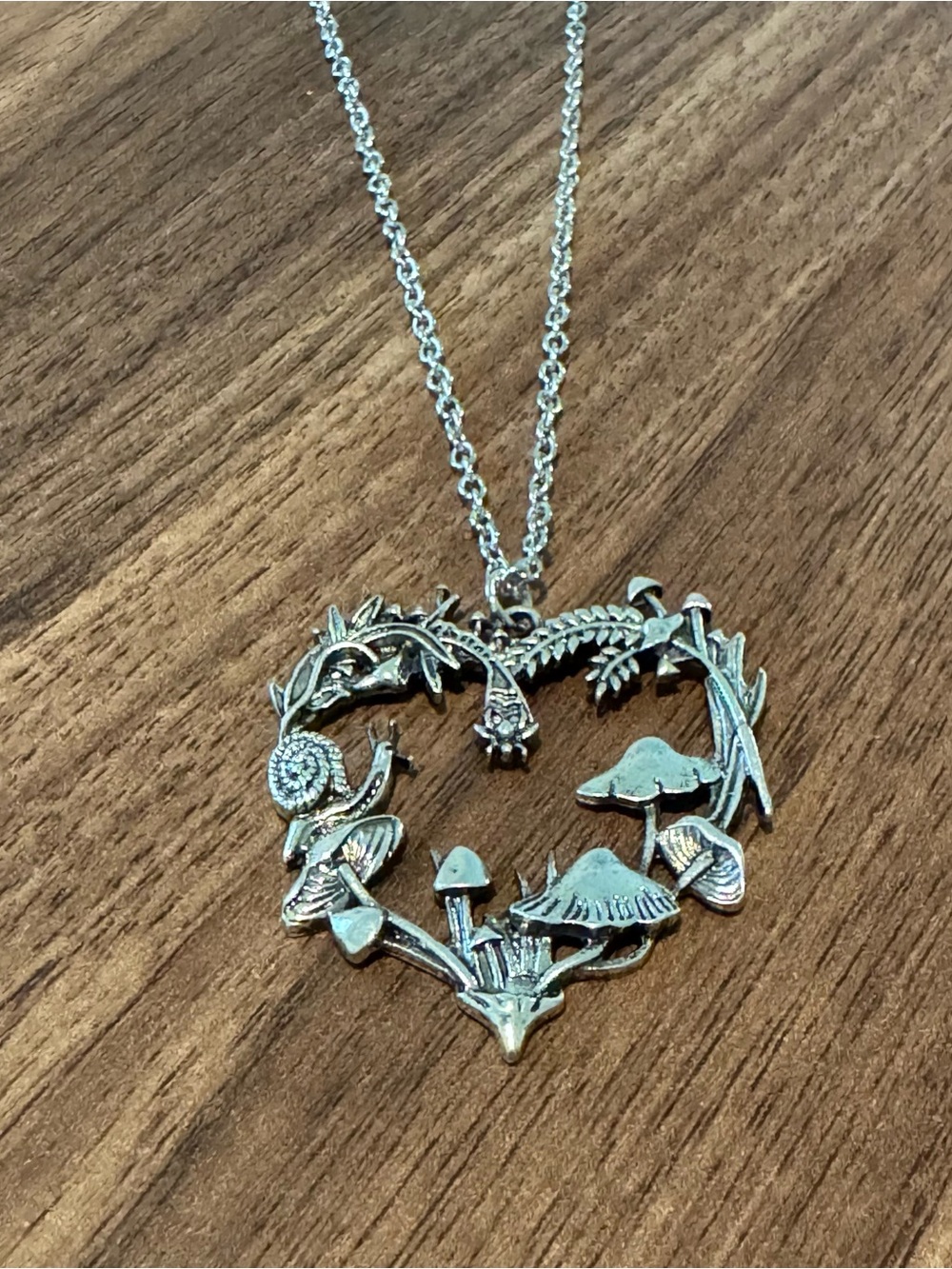 Silver Heart Pendant Necklace with Mushroom & Botanical Motif - Women Jewelry
